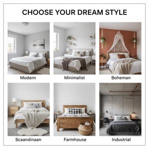 Puede incluir: Imagen que muestra seis estilos de dormitorio: Moderno, Minimalista, Bohemio, Escandinavo, Casa de campo e Industrial. Cada estilo está representado por un dormitorio con diferentes muebles, decoración y combinaciones de colores. El texto "CHOOSE YOUR DREAM STYLE" está en la parte superior.
