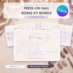 Può includere: Un pacchetto di modelli Canva modificabili per kit di misurazione per unghie press-on, con sette schede coordinate. Le schede includono una guida all'applicazione, una guida alla cura e una scheda di misurazione con scala da 0 a 11.