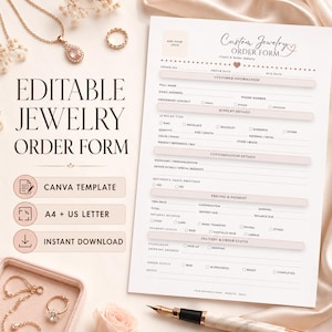 Peut inclure: Un modèle de bon de commande de bijoux modifiable comprenant des sections pour les informations client, les détails des bijoux, la personnalisation, la tarification et le statut de livraison, avec le titre Custom Jewelry Order Form.