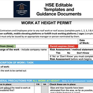 May include: A white document titled "WORK AT HEIGHT PERMIT" with a blue and white header. The document includes sections for work details, risk assessment, and general precautions. The HSE logo is in the top left corner.