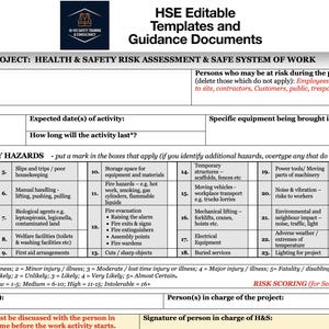 May include: HSE editable template for health and safety risk assessment. The document includes sections for identifying hazards, assessing risks, and recording control measures. It is designed for construction projects and includes a risk scoring matrix.