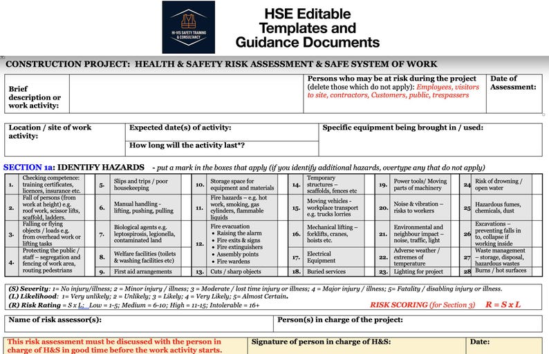 Editable Small Project Construction Risk Assessment and Safe System of ...