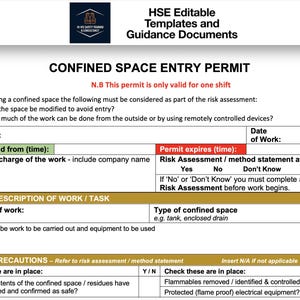 May include: A health and safety document titled "Confined Space Entry Permit" with a blue and white design. The document includes sections for risk assessment, work details, and precautions, with text in black and green.