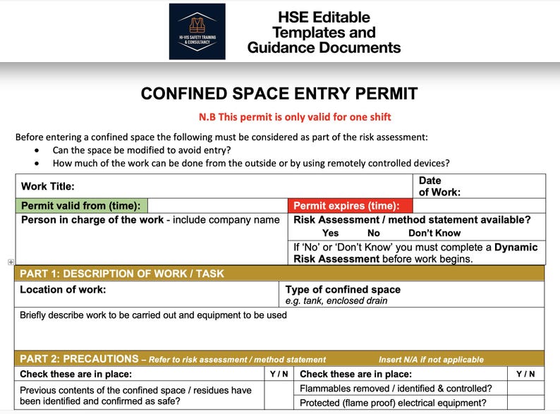 Confined Space Entry Permit Template | Editable HSE Compliant Work ...