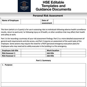 Peut inclure: Document blanc intitulé « HSE Editable Templates and Guidance Documents » avec un logo bleu en haut à gauche. Le document est un formulaire « Personal Risk Assessment » avec des champs pour les informations sur les employés et les détails de l'évaluation des risques.