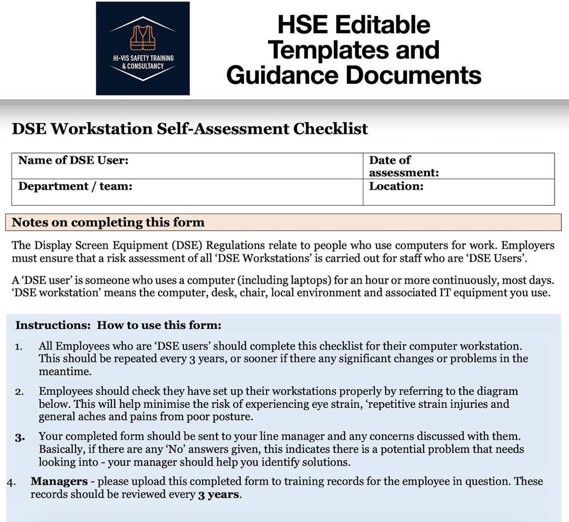 Dse Checklist Example Editable DSE Workstation Self-assessment Checklist: HSE Compliant ...