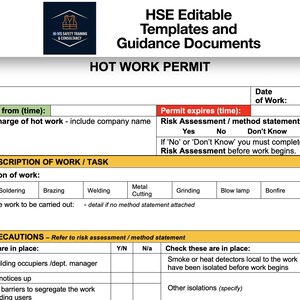 Könnte beinhalten: Eine Vorlage für eine Heißarbeitsgenehmigung in Weiß und Gelb mit blauem Logo. Das Formular enthält Abschnitte für Arbeitsdetails, Vorsichtsmaßnahmen und Risikobewertung. Für Sicherheitsschulungen und Leitfäden.