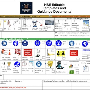 May include: HSE editable templates and guidance document. The document includes sections for identifying equipment, controls for work at height, and risk controls. It features safety icons, checklists, and areas for signatures. The document is designed for workplace safety.