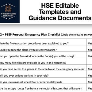 Puede incluir: Un documento titulado "Plantillas y documentos de orientación HSE editables" con una lista de verificación para un plan de emergencia personal. La lista de verificación incluye preguntas sobre procedimientos de evacuación.