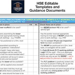 May include: HSE Editable Templates and Guidance Documents checklist. The document includes safety precautions for tower scaffolds, MEWPs, and FLT working platforms. The checklist includes questions about training, edge protection, and safe access.