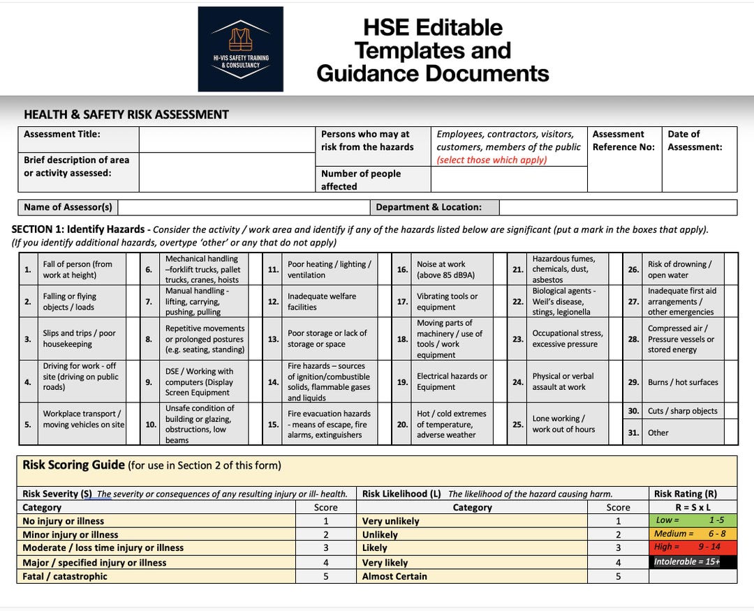 Editable HSE Risk Assessment Template With 17-page Guide - Etsy UK