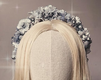 The Silver Flower Halo with silk and dried flowers - Christmas crown - flower wreath - New Years hairband - ready to ship