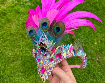The Carnival feather crown in hot pink - showgirl - carnival crown - festival Crown - burlesque - hen party - peacock crown -made to order