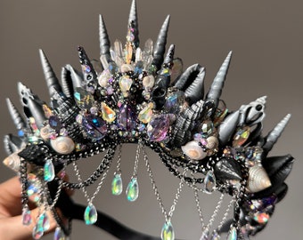 The Beautiful Nightmare Mermaid Crown - Shell Crown - Halloween - Crystal crown - Quartz crown - halo crown - Made to order