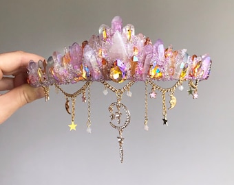 Quartz star & moon crown in Lilac, Topaz - Mermaid headdress- Shell headpiece - Crystal Crown - baby shower - bachelorette - made to order