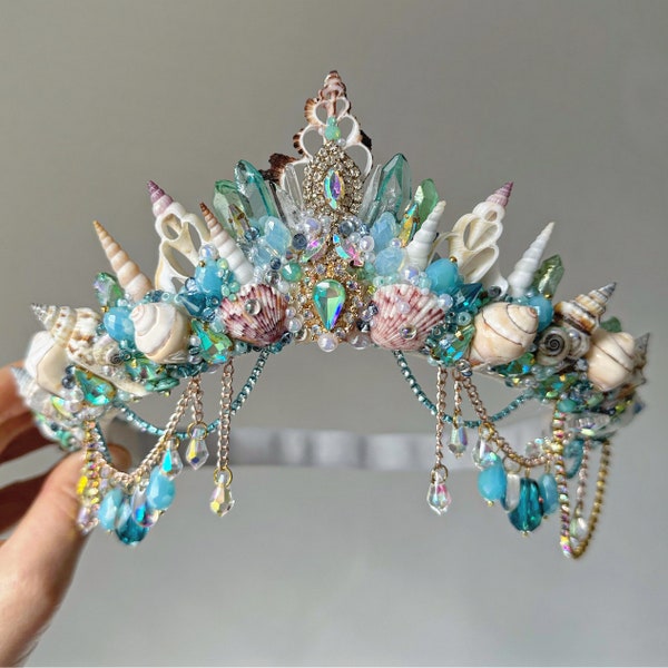 De Aquamarine Dream Mermaid Crown - hoofdtooi - schelpkroon - Crystal Crown - vrijgezellenfeest - babyshower - op bestelling gemaakt