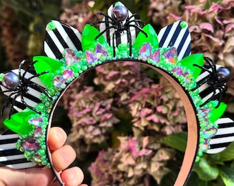Beetle juice style hairband - Crown - neon green - Halloween - halo crown - Crystal crown - Made to order
