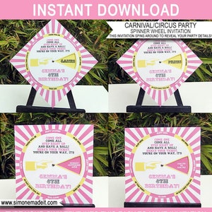 Carnival Invitation Template - Unique Circus Birthday Party Invite - Pink Yellow - INSTANT DOWNLOAD with EDITABLE text - you personalize