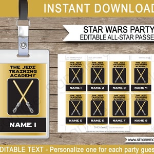 Gold Star Wars Jedi Training Passes Template - Birthday Party Games - INSTANT DOWNLOAD with EDITABLE text template - you personalize