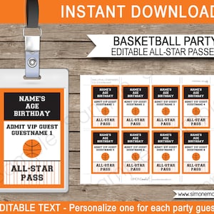 Basketball Party All Star Pass - VIP Pass - Printable Insert template - INSTANT DOWNLOAD with Editable text - you personalize at home