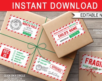 May include: Kraft paper gift boxes with red and white striped labels and green twine. Labels include text such as "Child's Name", "Fragile", and "Santa's Workshop". The text "Instant Download" is at the top.