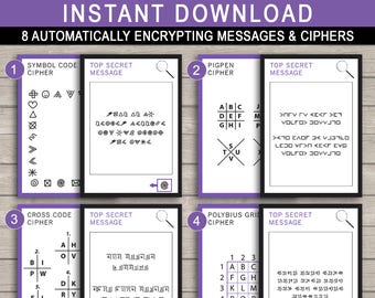 Spy Theme Party Games - 8 Secret Codes and Ciphers in purple for Girls - INSTANT DOWNLOAD with EDITABLE text - you personalize at home