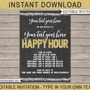 Happy Hour Invite Template - Printable Drinks Flyer Invitation - Chalkboard & Gold Glitter - EDITABLE TEXT DOWNLOAD - you personalize