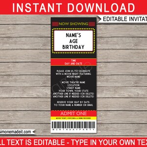Movie Night Ticket Invitation Template: Editable Birthday Party Invite (Digital Download)