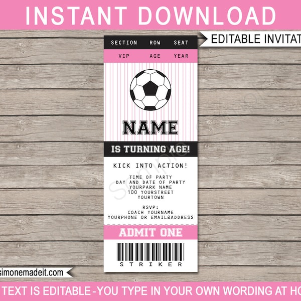 Soccer Birthday Party Ticket Invitation Printable Invite Template - Pink Girls - INSTANT DOWNLOAD with EDITABLE text - you personalize