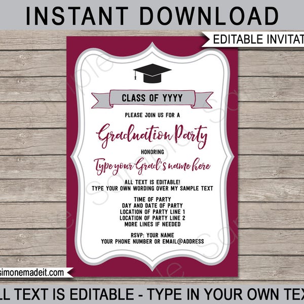 Graduation Party Invitations - burgundy & gray / silver - Printable Template - Any Year - Grad Invite - INSTANT DOWNLOAD with EDITABLE text