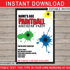 Paintball Invitation Template - Printable Birthday Party Invite - Paint Ball Theme - INSTANT DOWNLOAD with EDITABLE text - you personalize