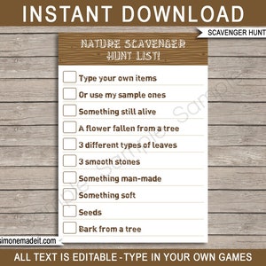 Camping Party Nature Scavenger Hunt List Template - Printable Campout Birthday Party Games - EDITABLE TEXT DOWNLOAD - you personalize