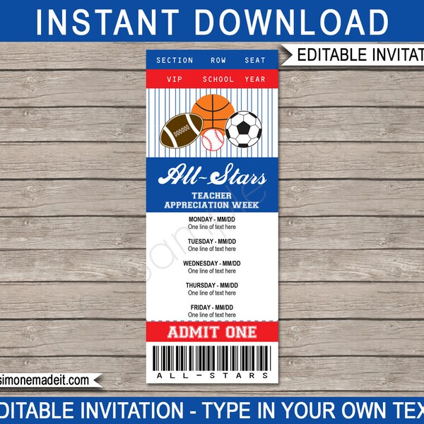 All Star Teacher Appreciation Week Ticket Invitation - School All-Star Theme - INSTANT DOWNLOAD with EDITABLE text - you personalize at home