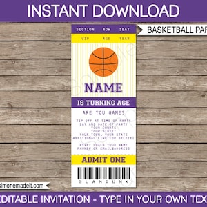 Basketball Ticket Invitation Template - Printable Birthday Party Invite - Purple & Yellow - INSTANT DOWNLOAD - EDITABLE text - you edit