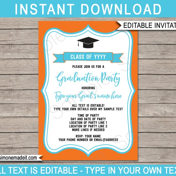 Graduation Party Invitations - orange & turquoise / aqua - Printable Template - Any Year - Grad Invite - INSTANT DOWNLOAD with EDITABLE text