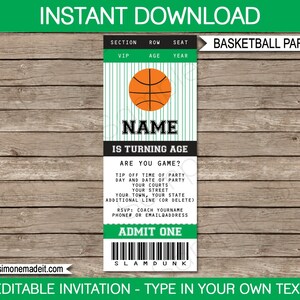 Basketball Ticket Invitation Template - Printable Birthday Party Invite - Black & Green - INSTANT DOWNLOAD - EDITABLE text - you edit