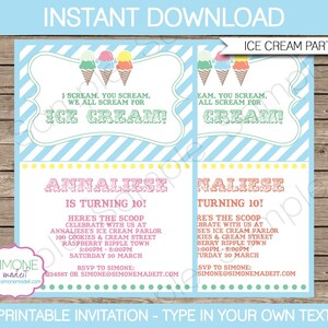Ice Cream Party Invitation Template - Birthday Party - INSTANT DOWNLOAD with EDITABLE text - you personalize at home