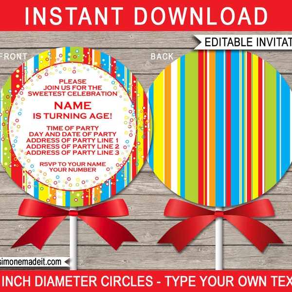 Lollipop Invitation Template - Printable Lollipop Birthday Party Invitations - 4 inch diameter - INSTANT DOWNLOAD with EDITABLE text