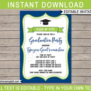 Navy & Lime Graduation Party Invitations: Editable Text (Instant Download)