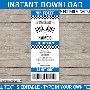 Blue Race Car Ticket Invitation Template - Race Car Birthday Party Invite - INSTANT DOWNLOAD with EDITABLE text - you personalize at home