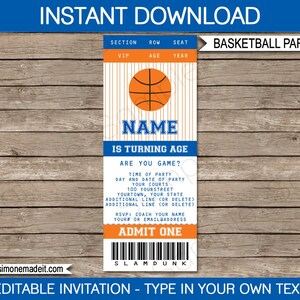 Basketball Ticket Invitation Template - Printable Birthday Party Invite - Navy Blue & Orange - INSTANT DOWNLOAD - EDITABLE text - you edit