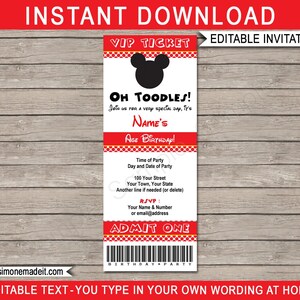 Op de afbeelding: Een rood en geel printbare VIP-ticketuitnodiging met een zwart silhouet van Mickey Mouse hoofd. De tekst luidt "Oh Toodles! Doe met ons mee voor een heel speciale dag, het is Name's Age verjaardag!" Het ticket bevat ook ruimte voor de tijd en datum van het feest, adres, RSVP-informatie en "ADMIT ONE" in een gele banner.