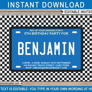 Blue Race Car Invitation Template - Printable License Plate Birthday Party Invite - INSTANT DOWNLOAD - EDITABLE text - you personalize