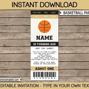 Basketball Ticket Invitation Template - Printable Birthday Party Invite - Black & Gold - INSTANT DOWNLOAD - EDITABLE text - you edit