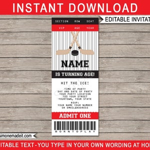 May include: Editable hockey-themed birthday party invitation with a red, white and black colour scheme. The invitation features a hockey stick and puck graphic, and the text "NAME IS TURNING AGE!"  The invitation also includes the text "HIT THE ICE!" and space for the party details, RSVP information, and "ADMIT ONE".