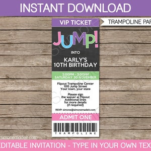 Druckbare Trampolin Geburtstagsparty Ticket Einladung Vorlage - Girls Jump Theme - EDITIERBARER TEXT DOWNLOAD - Sie personalisieren zu Hause