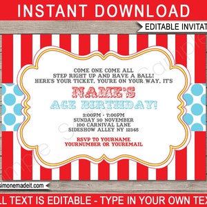 Modèle d&#39;invitation imprimable d&#39;invitation de fête d&#39;anniversaire de cirque - thème du carnaval - TÉLÉCHARGEMENT IMMÉDIAT avec texte MODIFIABLE - que vous personnalisez à la maison