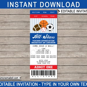 All-Star-Lehrer Wertschätzung Luncheon Ticket Einladungsvorlage - Frühstück oder Mittagessen - SOFORTIGER DOWNLOAD mit EDITIERBARE Text - Sie bearbeiten Text