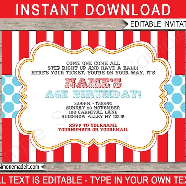 Carnival Invitation Printable Birthday Party Invite Template - Circus Theme - Red Aqua - INSTANT DOWNLOAD text EDITABLE - you personalize