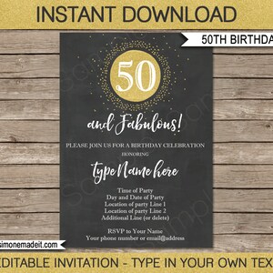 50th Birthday Invitation - 50 and Fabulous - Chalkboard & Gold Glitter - INSTANT DOWNLOAD with EDITABLE text - you personalize at home